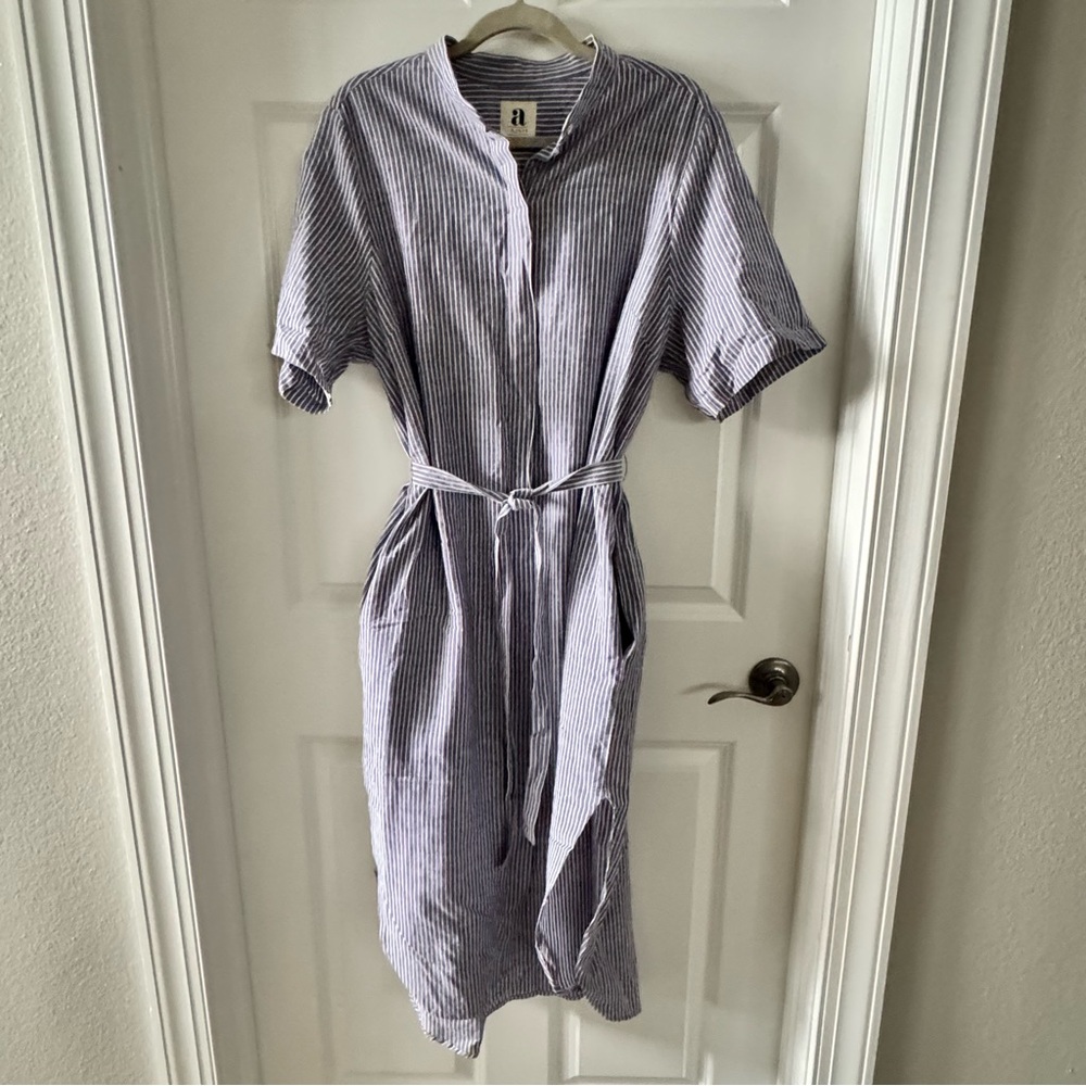 Aish blue & white stripe midi button down belted dress